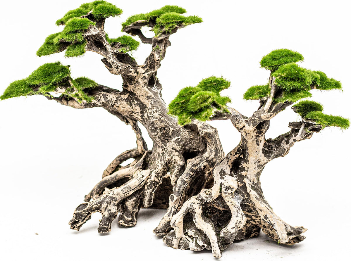 Novelsite bonsai trees with faux moss create a natural focal point in your aquarium