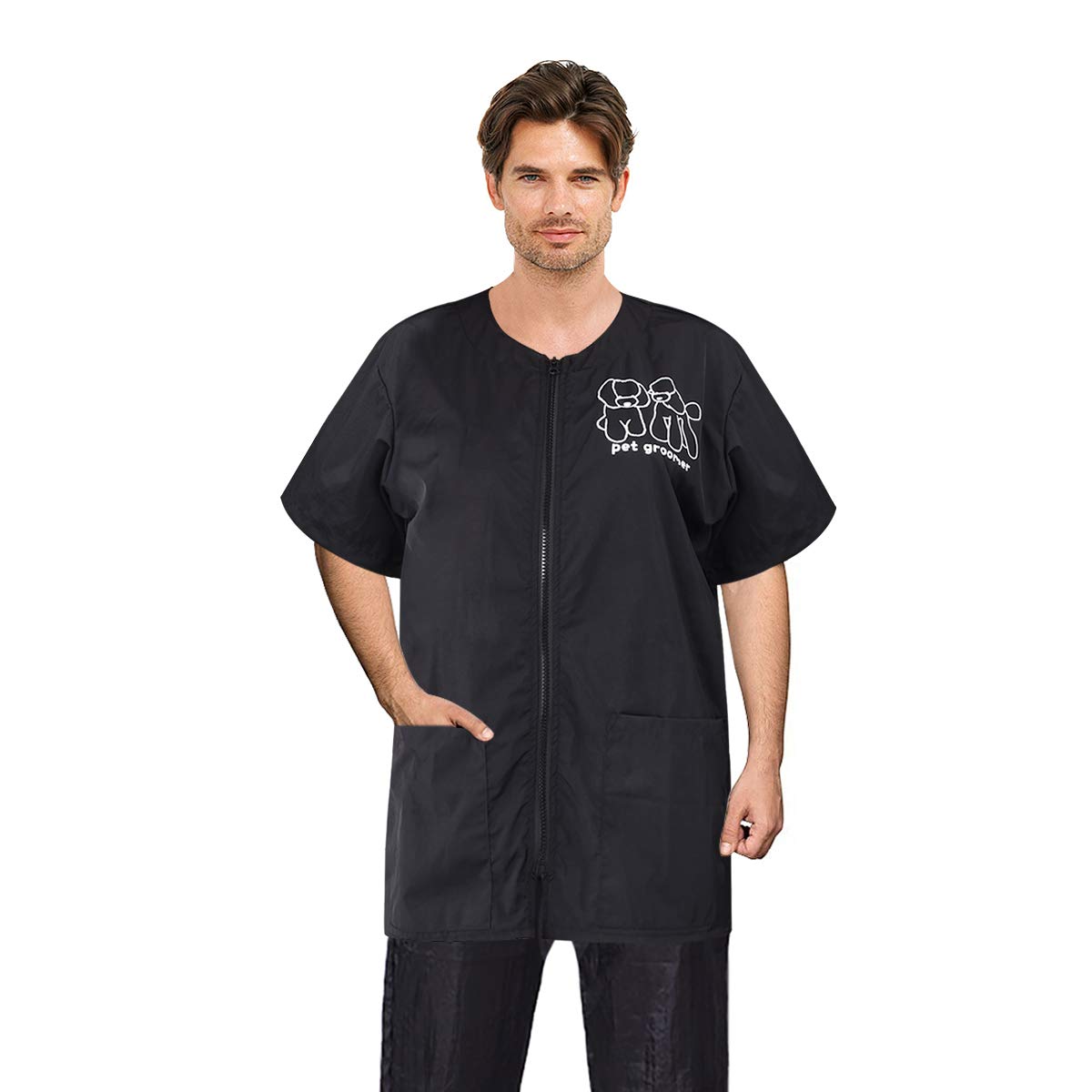 Noverlife front-zipper pocket grooming smock provides convenient tool storage during grooming sessions.