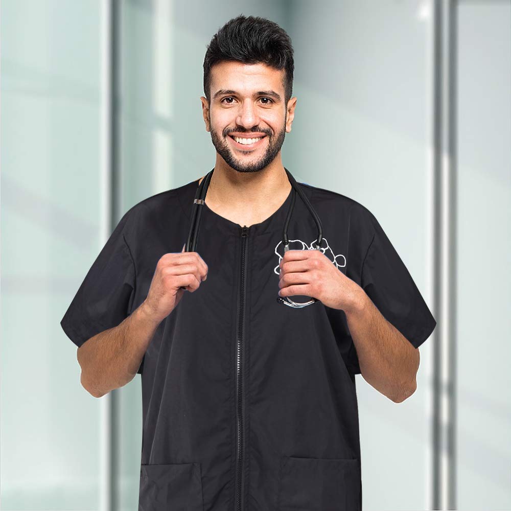 Noverlife model wearing pet grooming smock demonstrates professional look.
