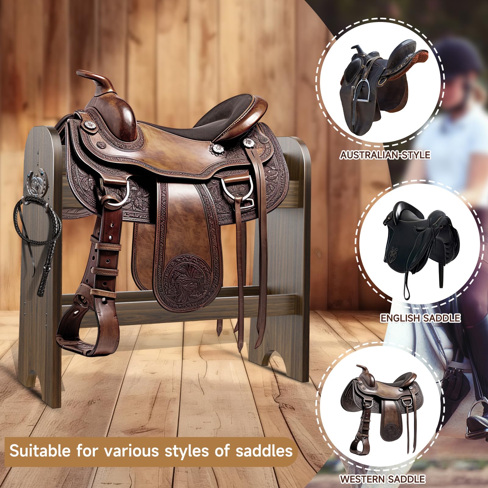 Novona Paulownia display area shows trophy saddles and gear organized