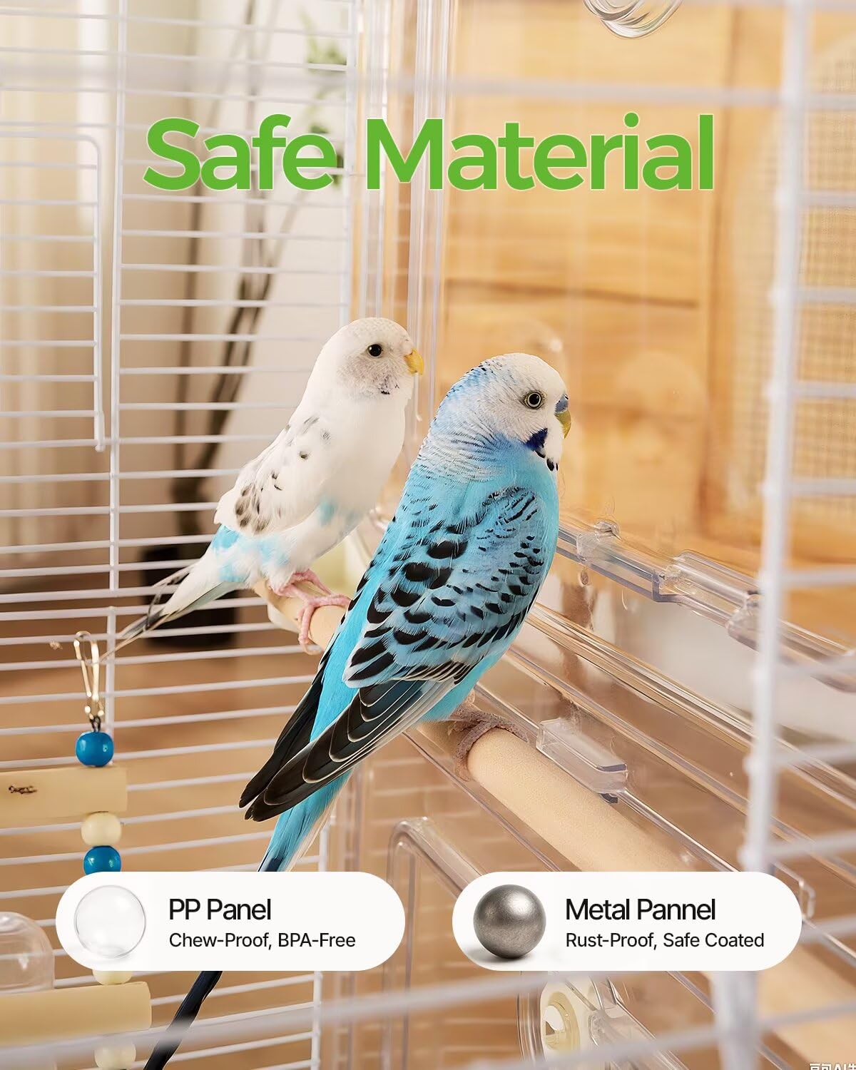 Novoto Clear View Bird Cage interaction view with unobstructed observation of a bird.