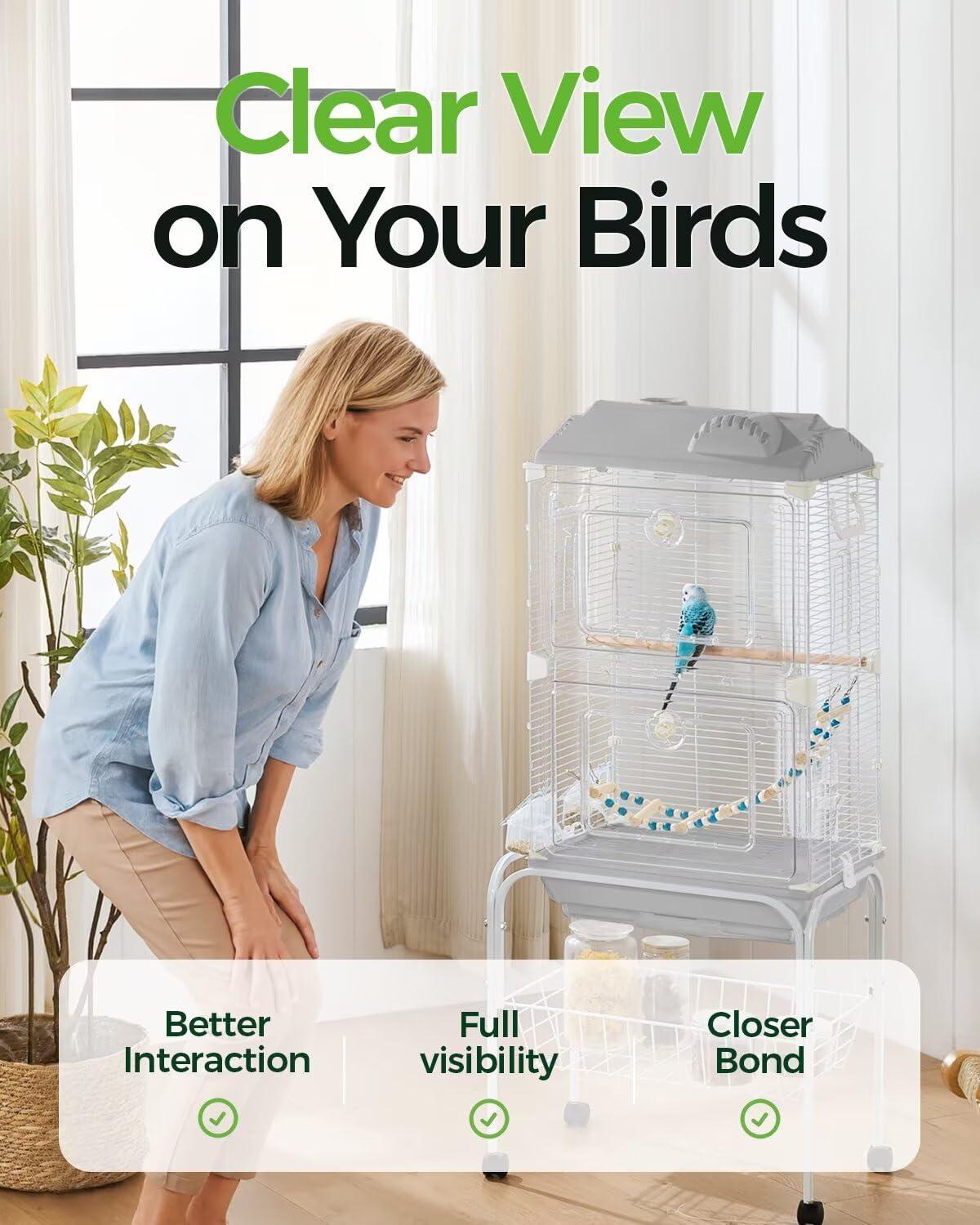 Novoto Clear View Bird Cage side view highlighting airy design and safe bar spacing.