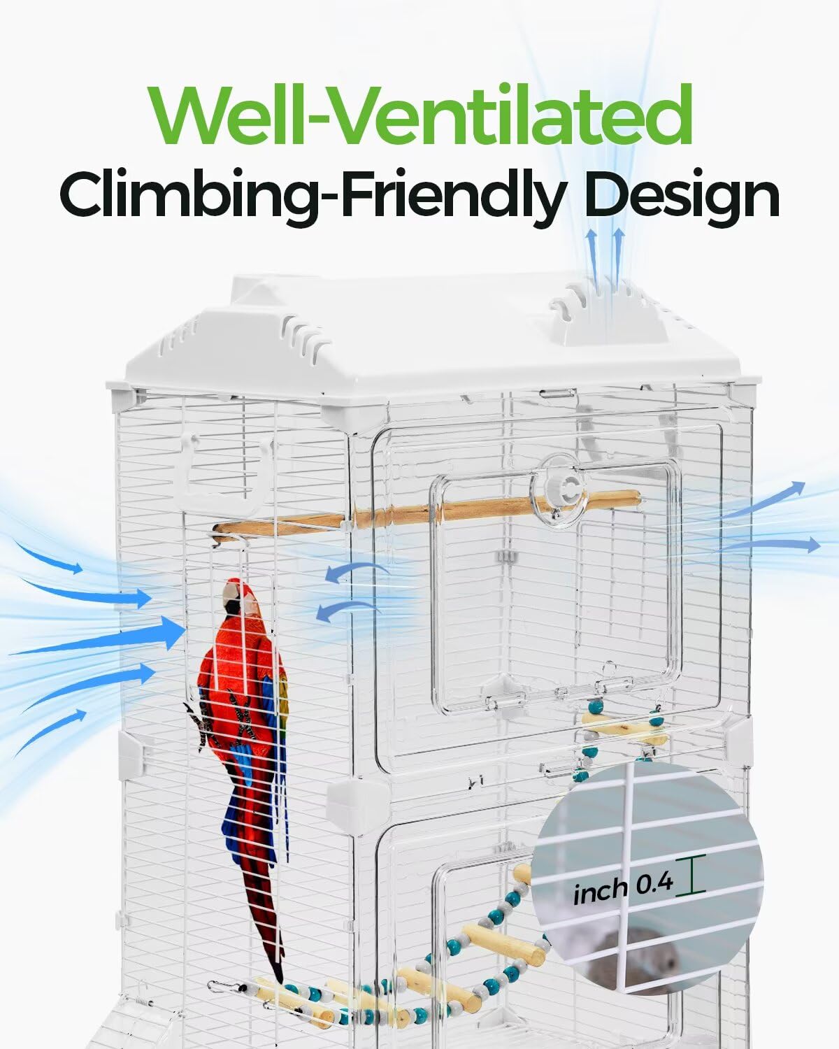 Novoto Clear View Bird Cage stand emphasizes compact footprint and added height options.
