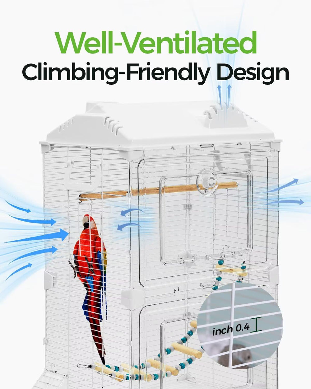 Novoto Clear View Bird Cage stand emphasizes compact footprint and added height options.