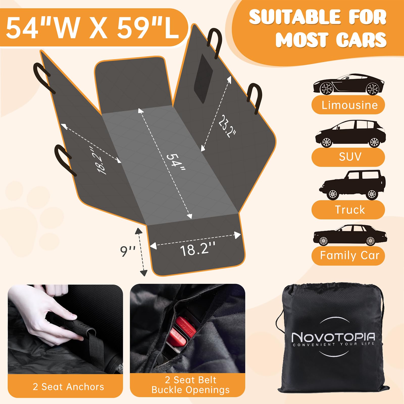 Novotopia dog seat cover anti-slip backing and anchors prevent shifting.