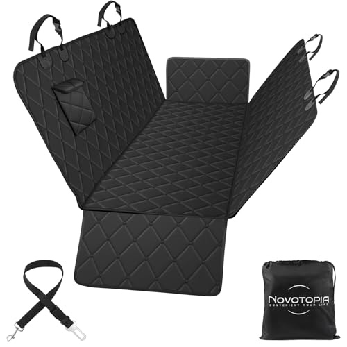 Novotopia dog seat cover back seat fully expanded protects against mud and fur.