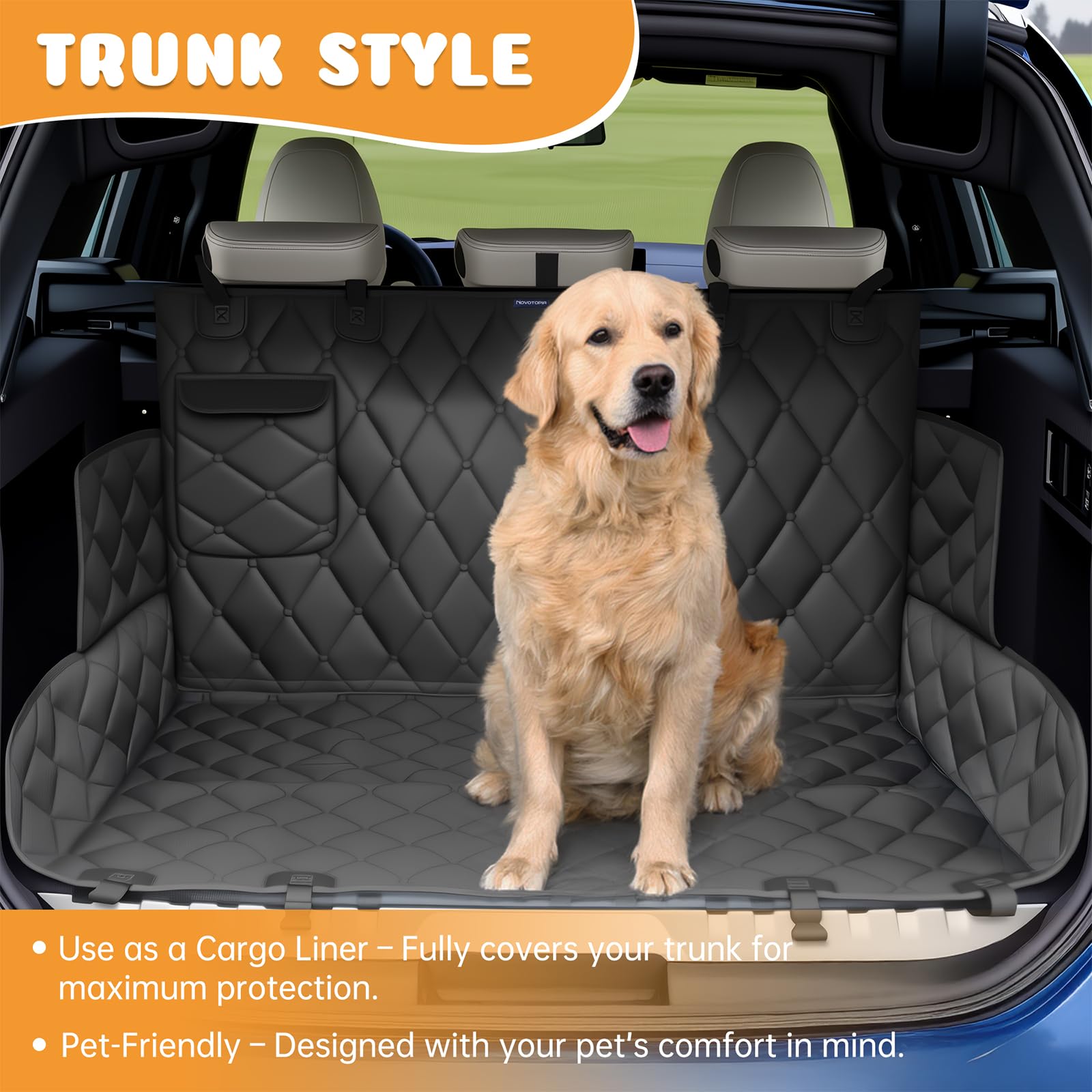 Novotopia dog seat cover hammock mode for safe, comfortable rides.