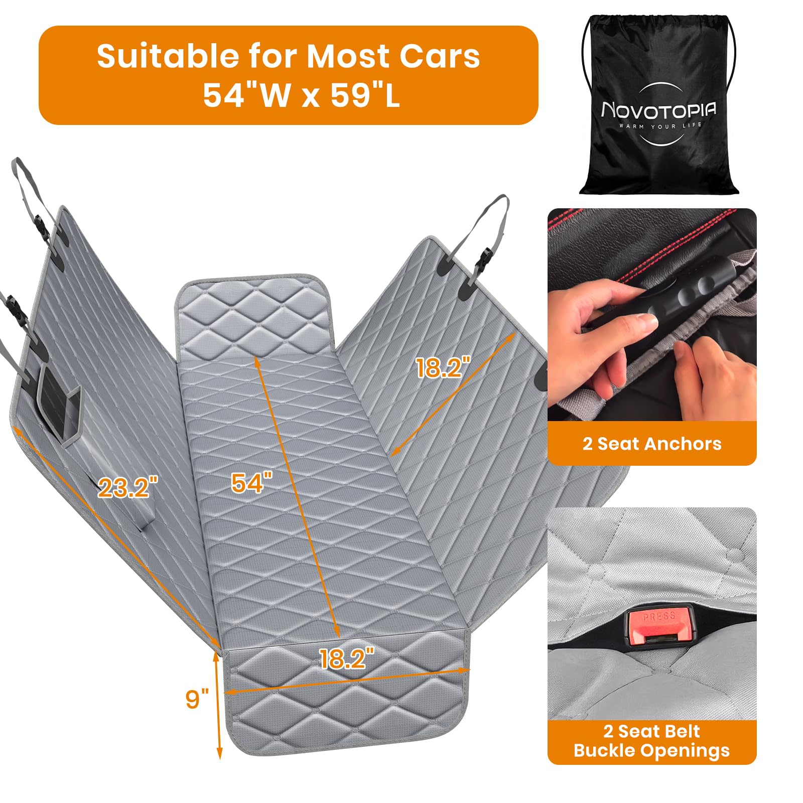Novotopia seat cover uses durable 600D fabric for long-lasting use.