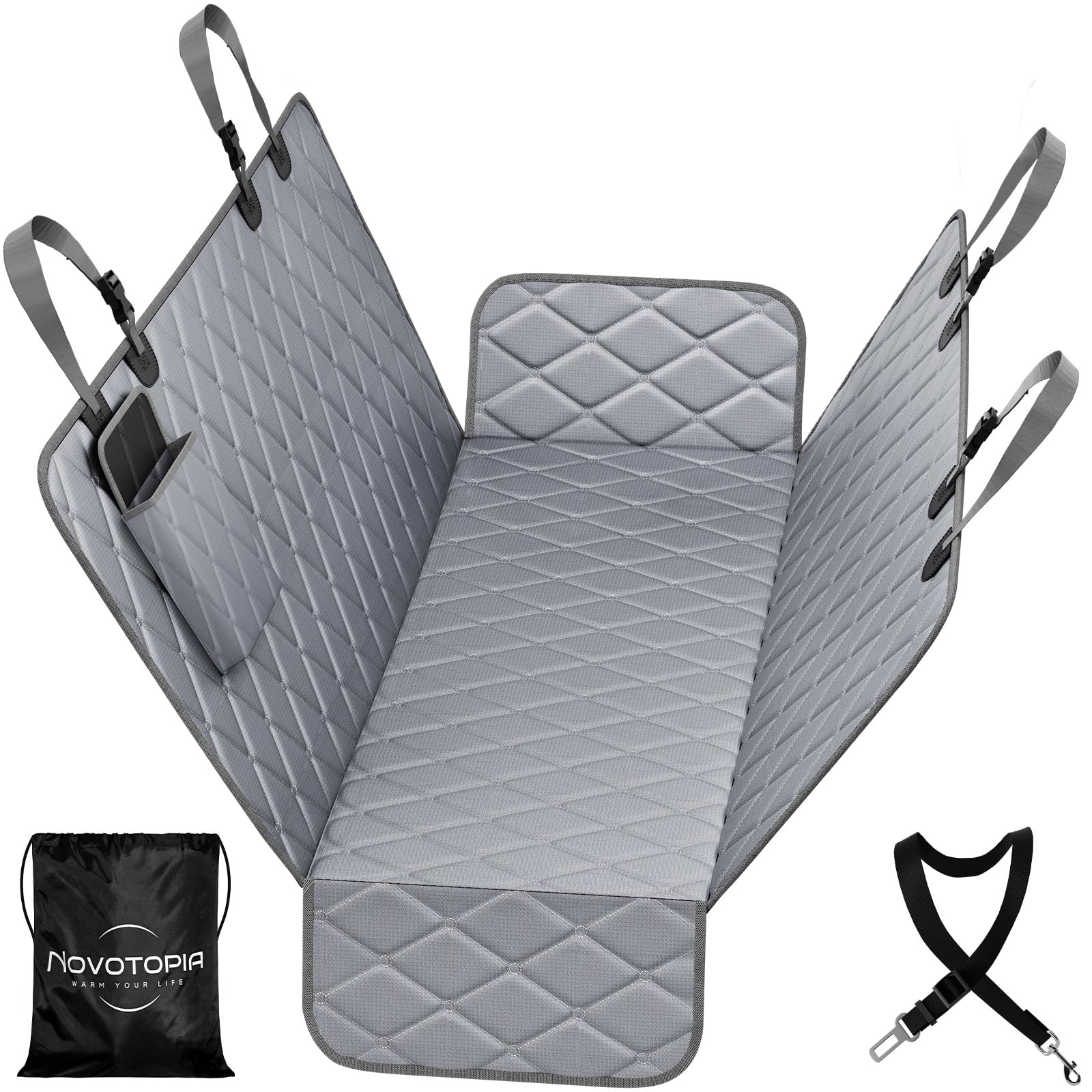 Novotopia dog seat cover with waterproof fabric protects seats from spills.