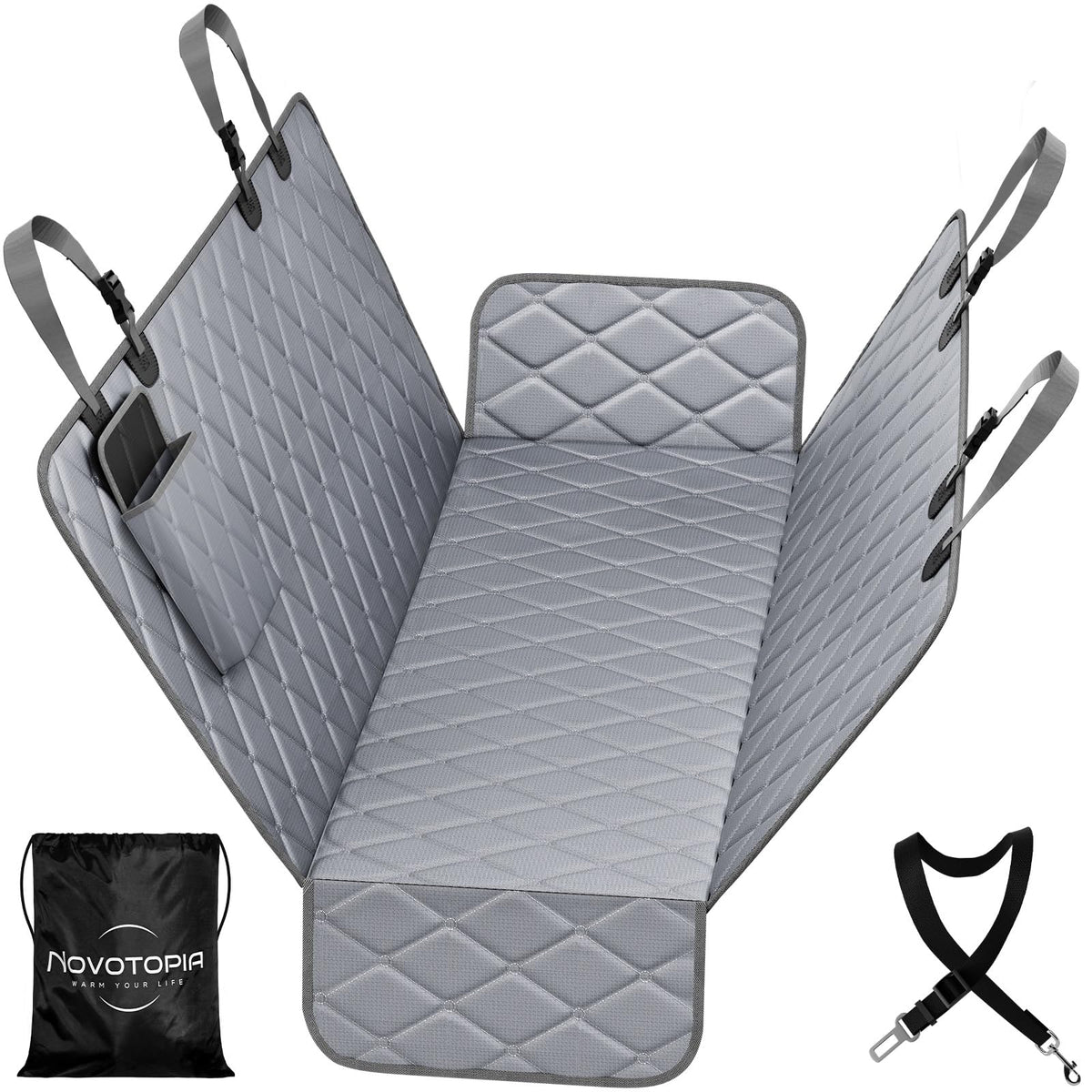 Novotopia dog seat cover with waterproof fabric protects seats from spills.