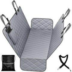 Novotopia dog seat cover with waterproof fabric protects seats from spills.