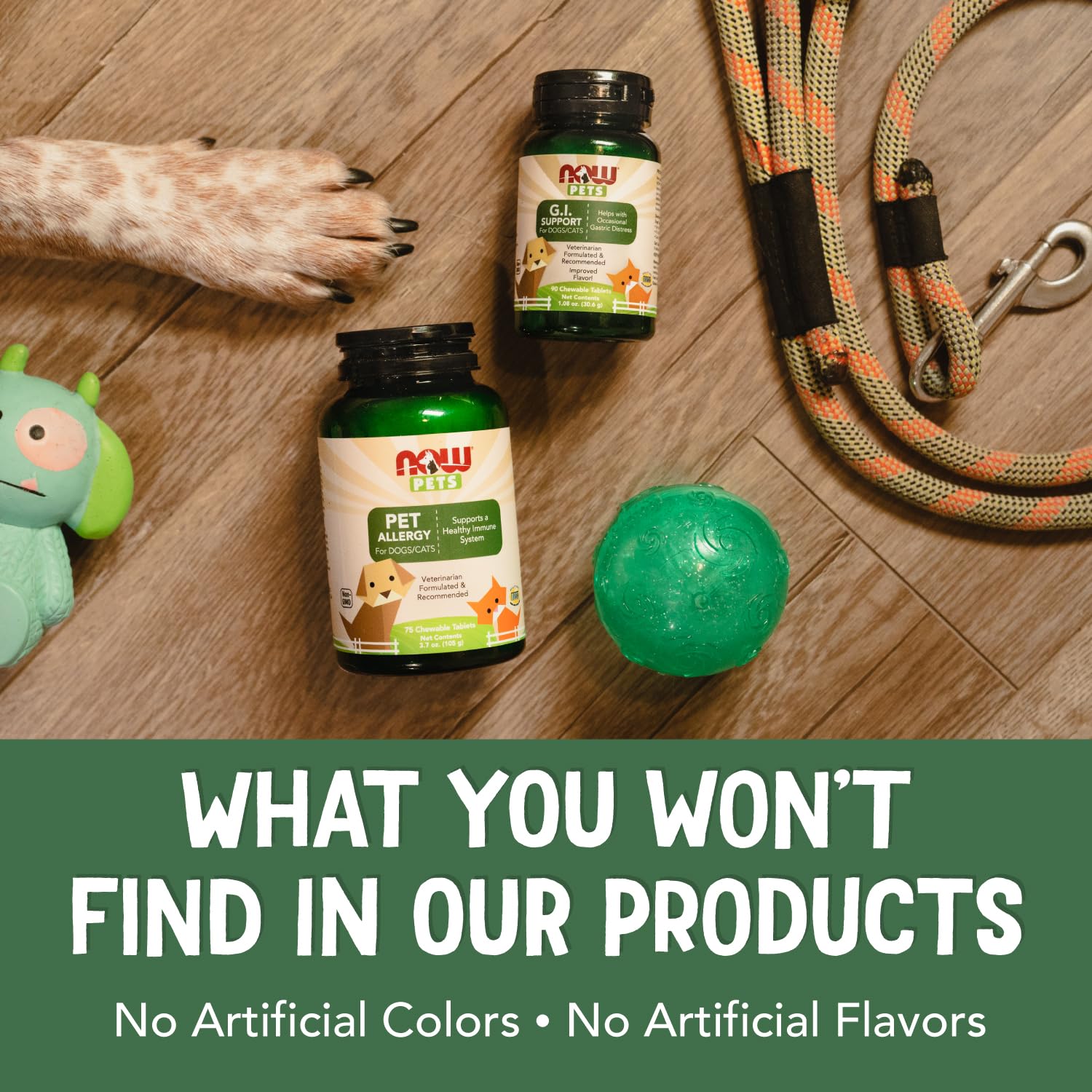 NOW Pets Pet Allergy ingredients panel highlighting natural botanicals