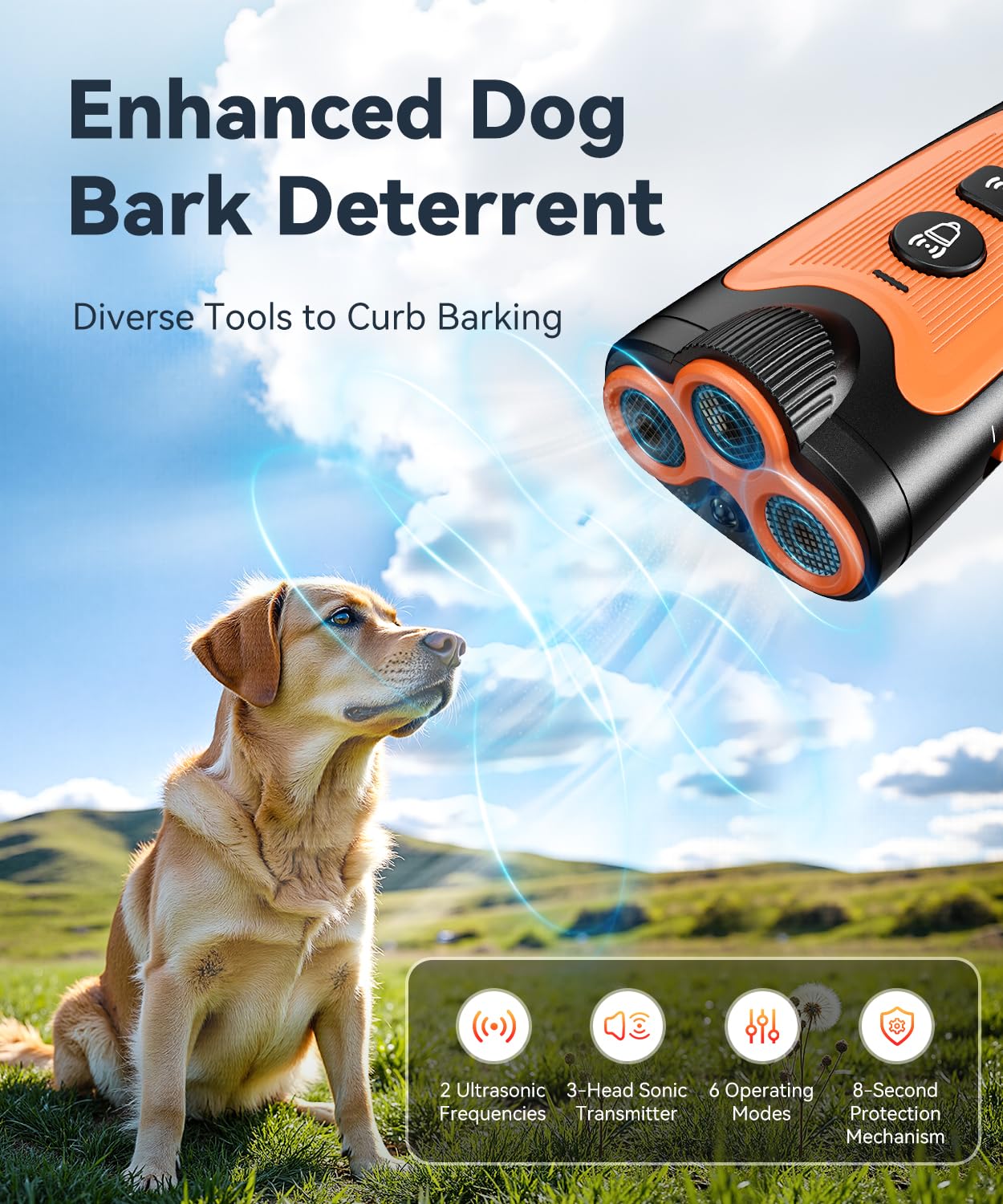 NoxLumina barking deterrent with three ultrasonic emitters delivering broader coverage during walks