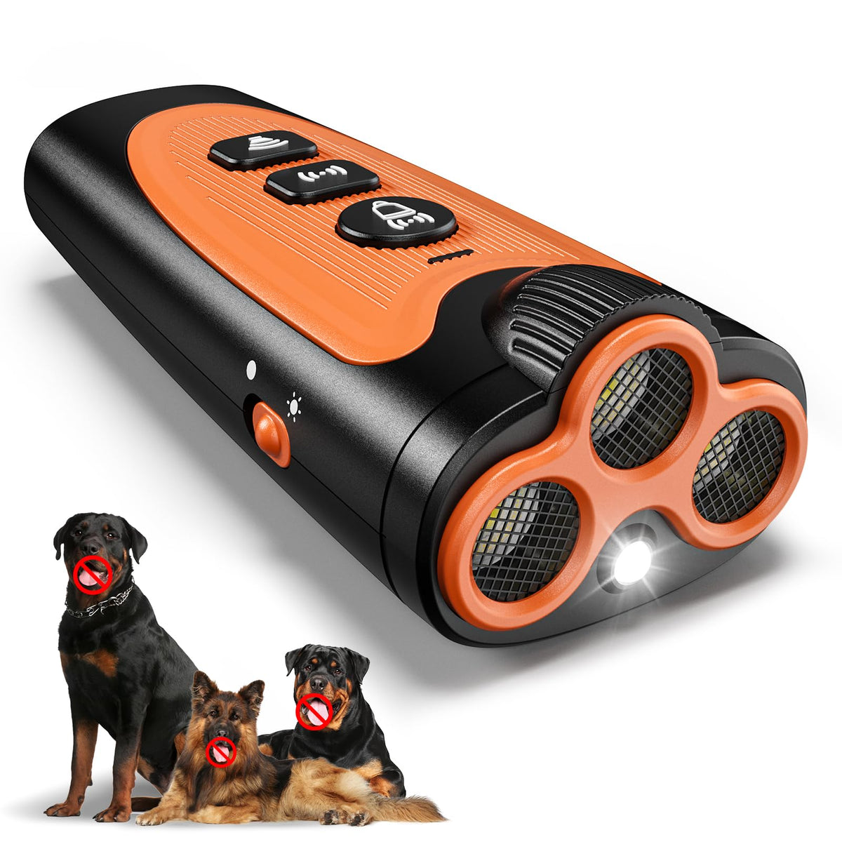 NoxLumina dog bark deterrent device front view, compact handheld for on-the-go training