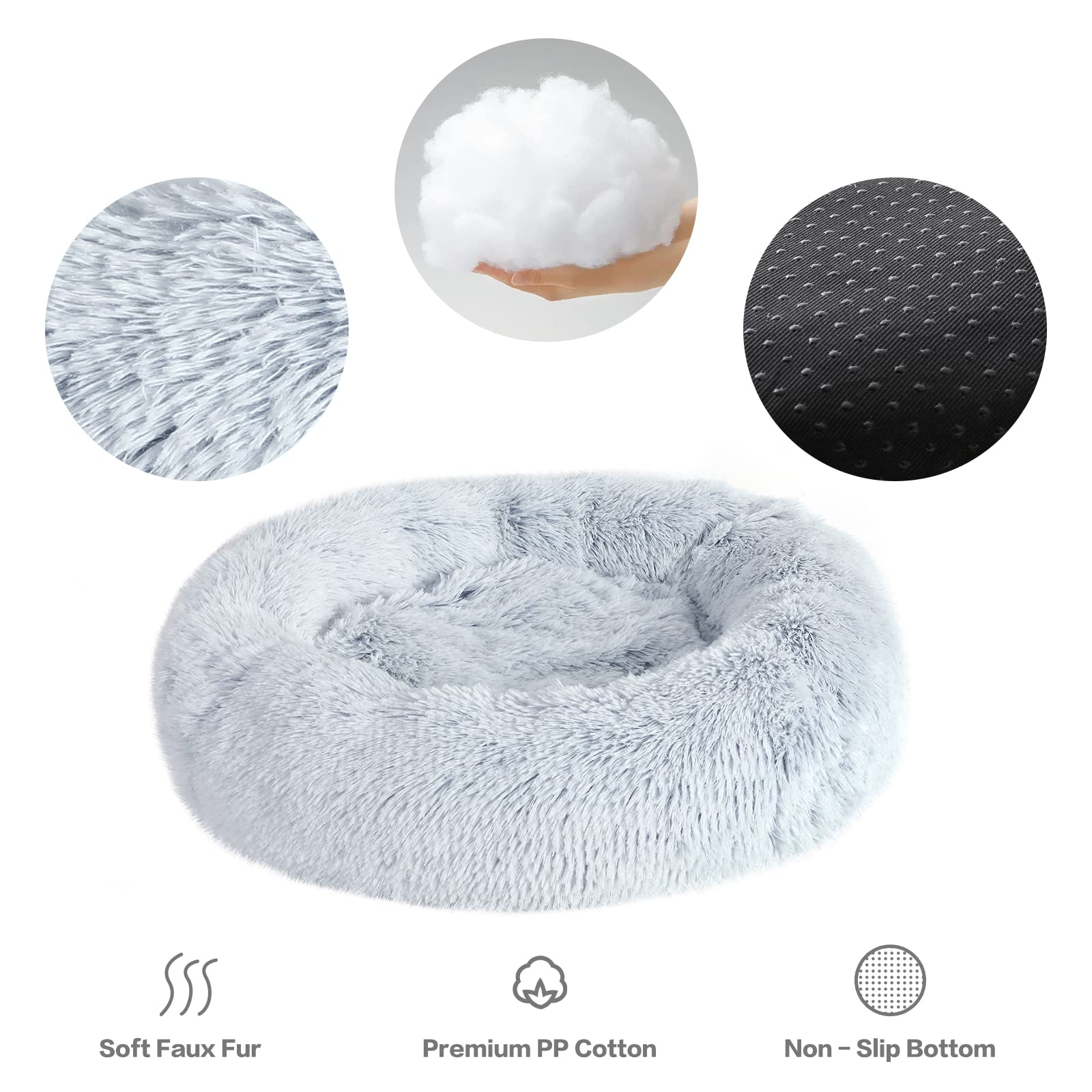 NOYAL Calming Donut Bed closeup of plush faux fur warmth and softness