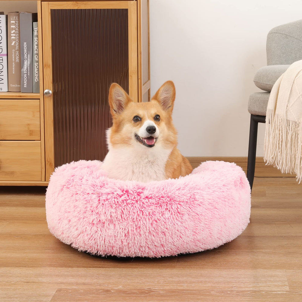 NOYAL Calming Donut Bed in living room scene demonstrates a cozy sanctuary for small to medium pets