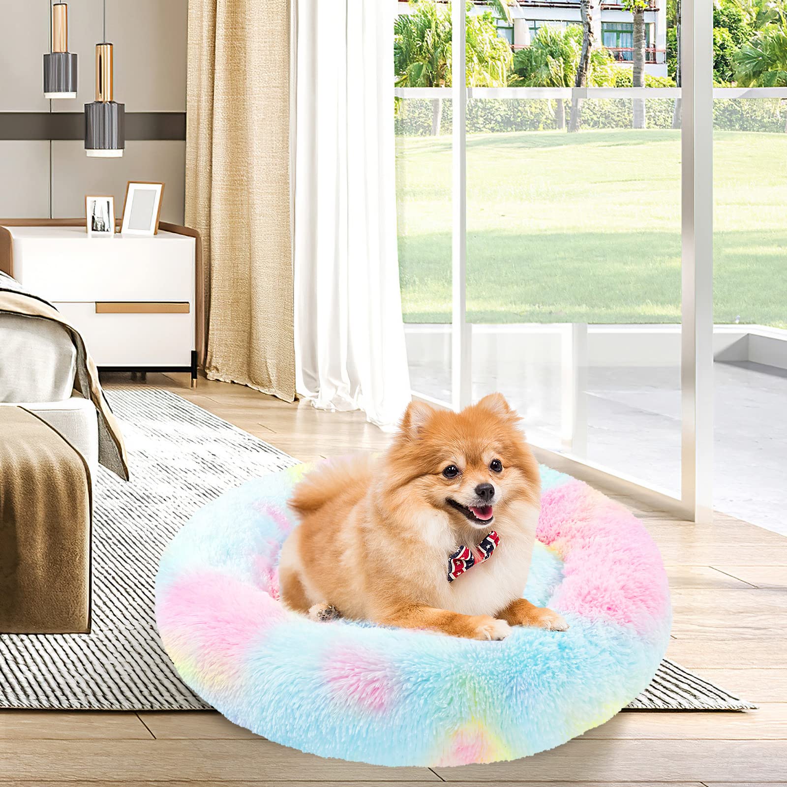 NOYAL Calming Donut Bed sleeping pet demonstrates cozy nest-like comfort.