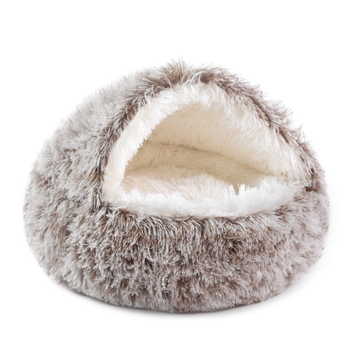 NOYAL Round Hooded Donut Bed close-up shows cozy hood for secure burrow