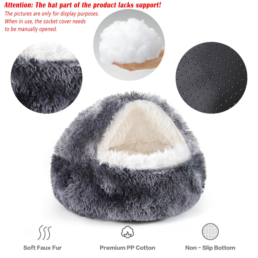NOYAL Round Hooded Donut Bed inside view illustrating den-like retreat for anxiety-friendly rest.