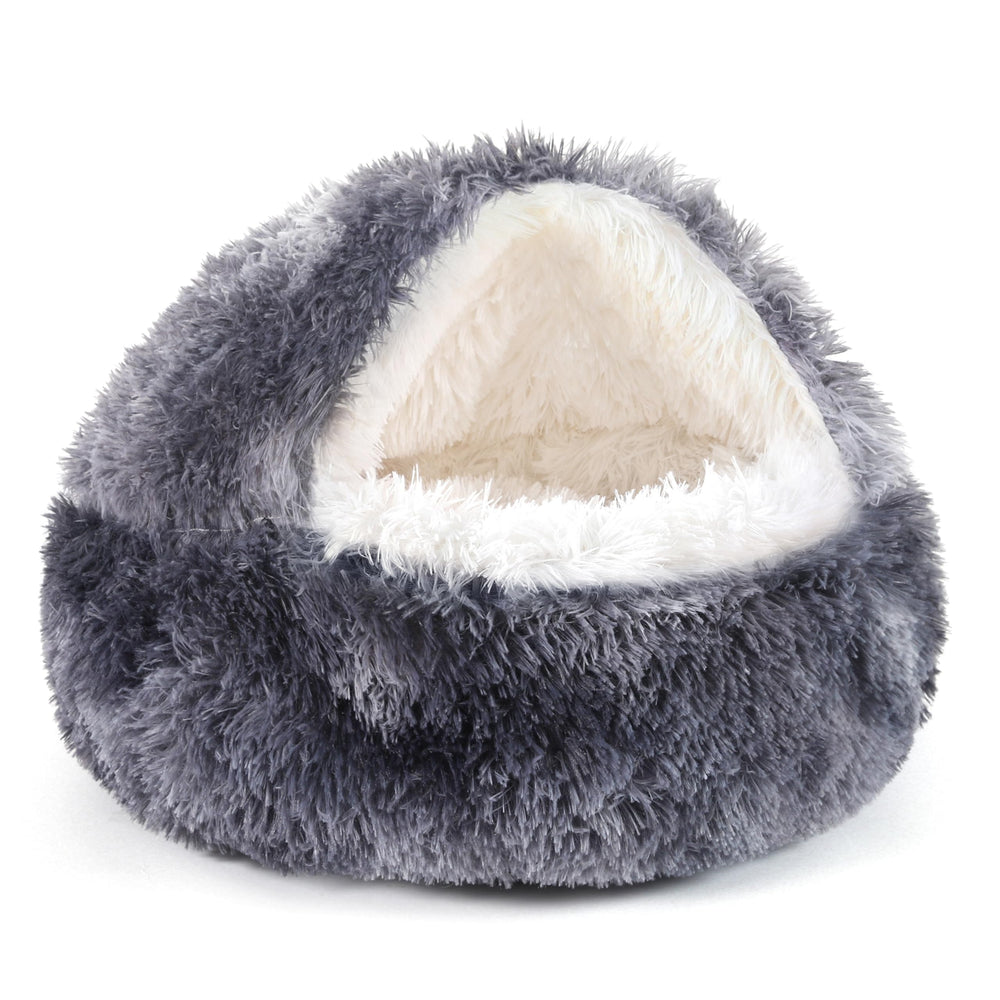 NOYAL Round Hooded Donut Bed plush fabric close-up showing warmth and softness for cozy naps.