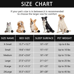 Noyal Round Hooded Donut Bed size chart illustrating five fit options for small to medium pets.