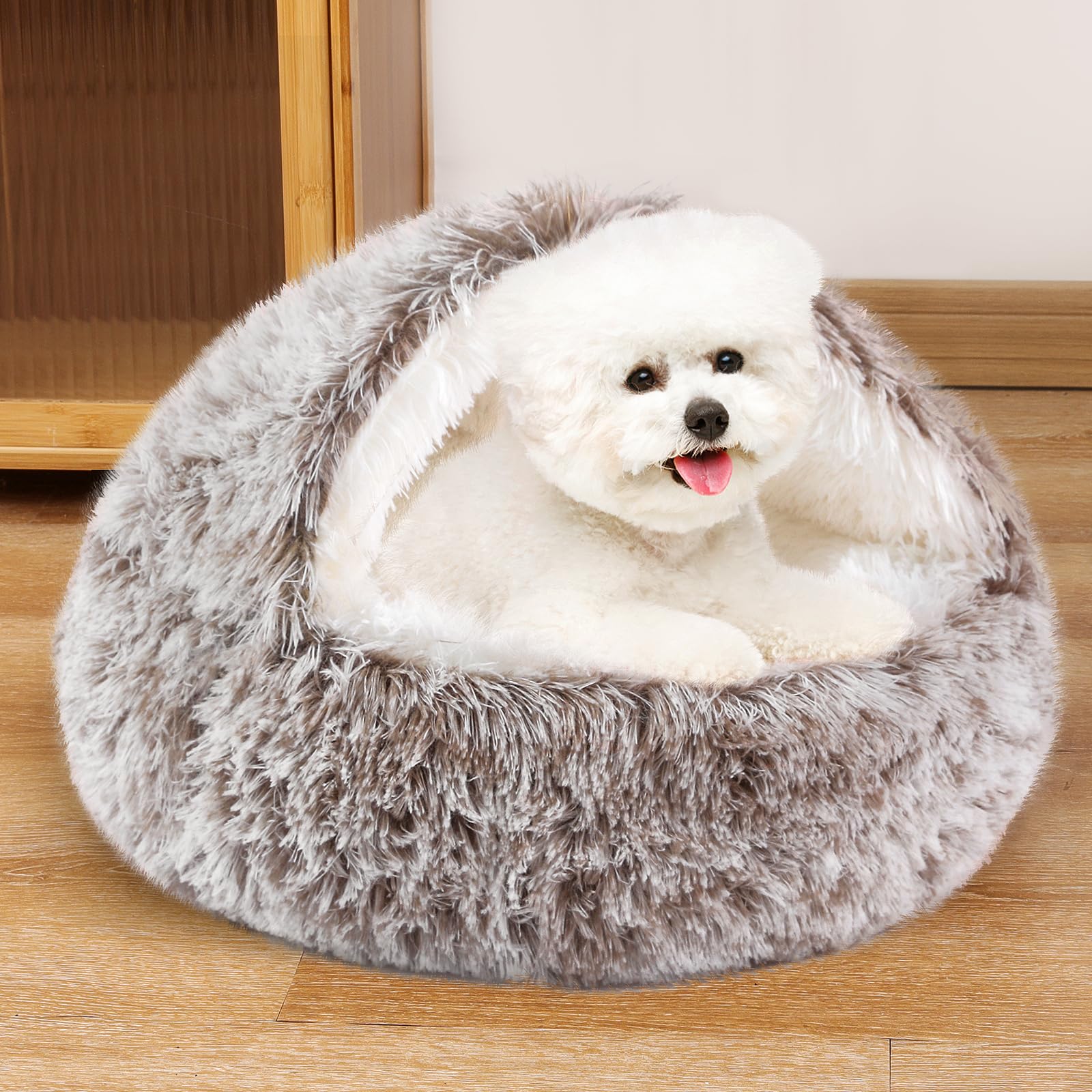 NOYAL Round Hooded Donut Bed demonstrates five size options for small to medium pets