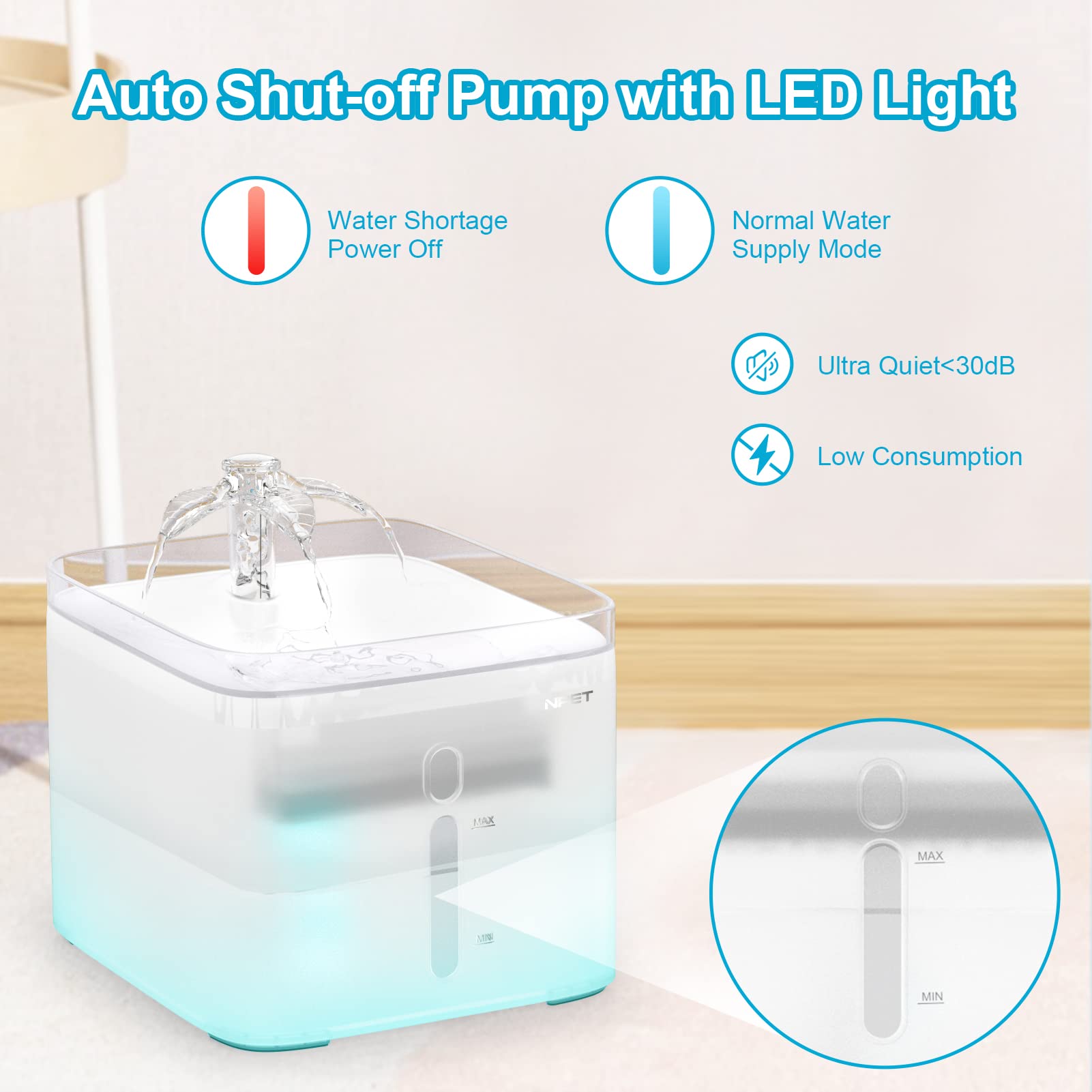 NPET cat water fountain leaf-flow design attracts pets to drink.