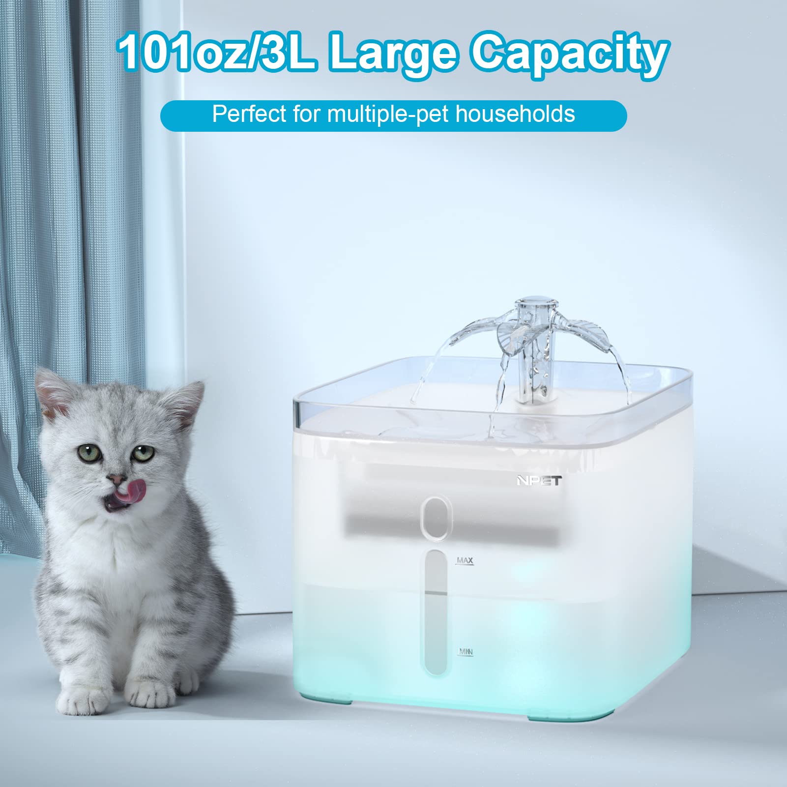 NPET cat water fountain quiet pump for a peaceful home.