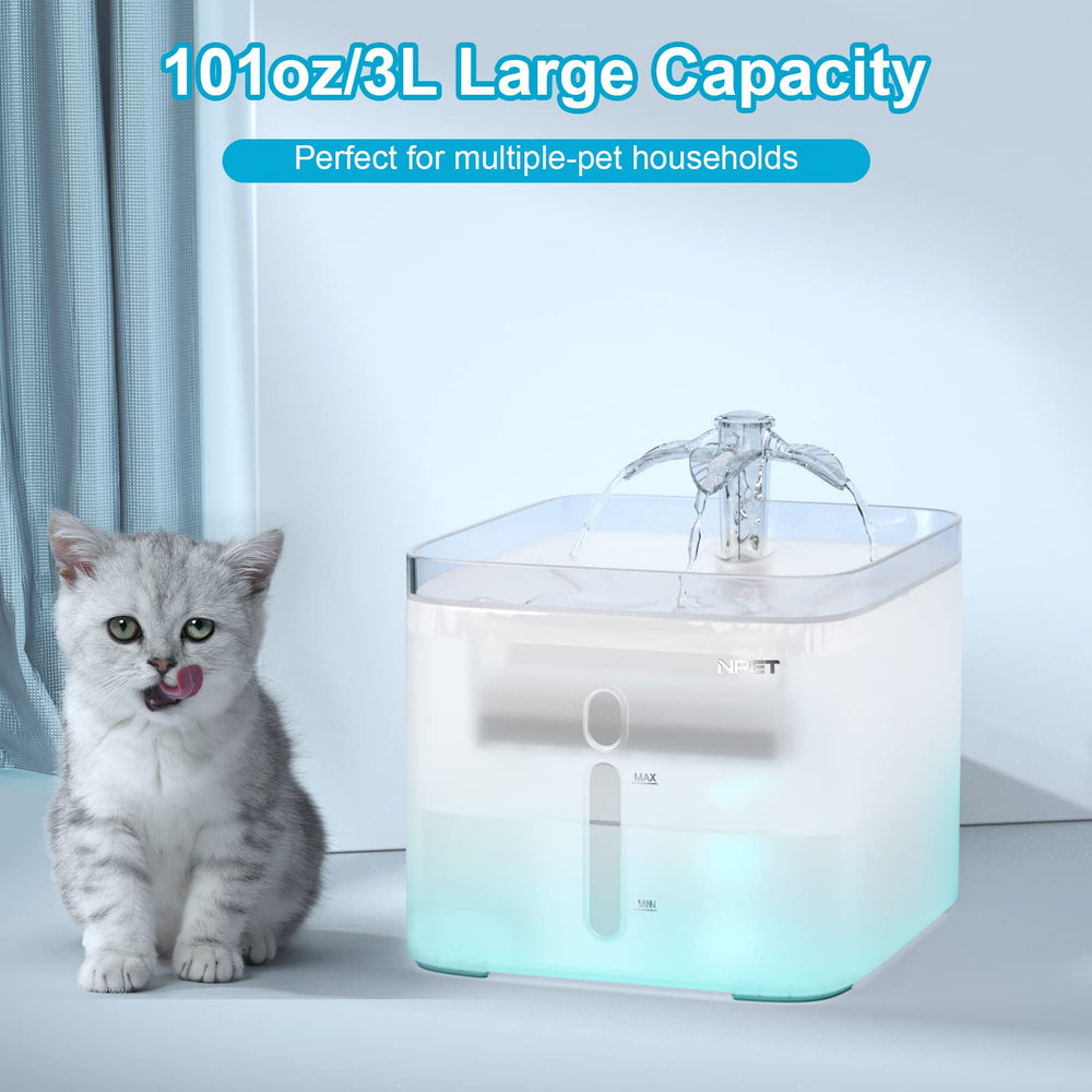 NPET cat water fountain quiet pump for a peaceful home.