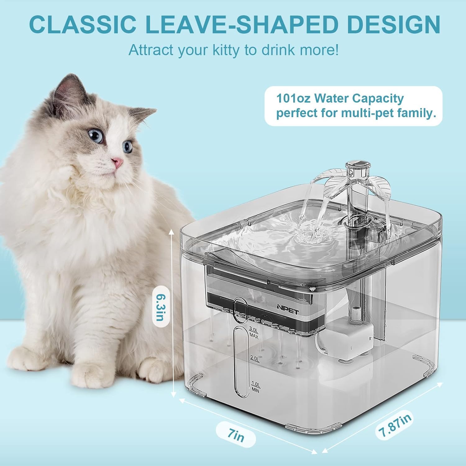 NPET cat water fountain transparent-tank shows water level clearly
