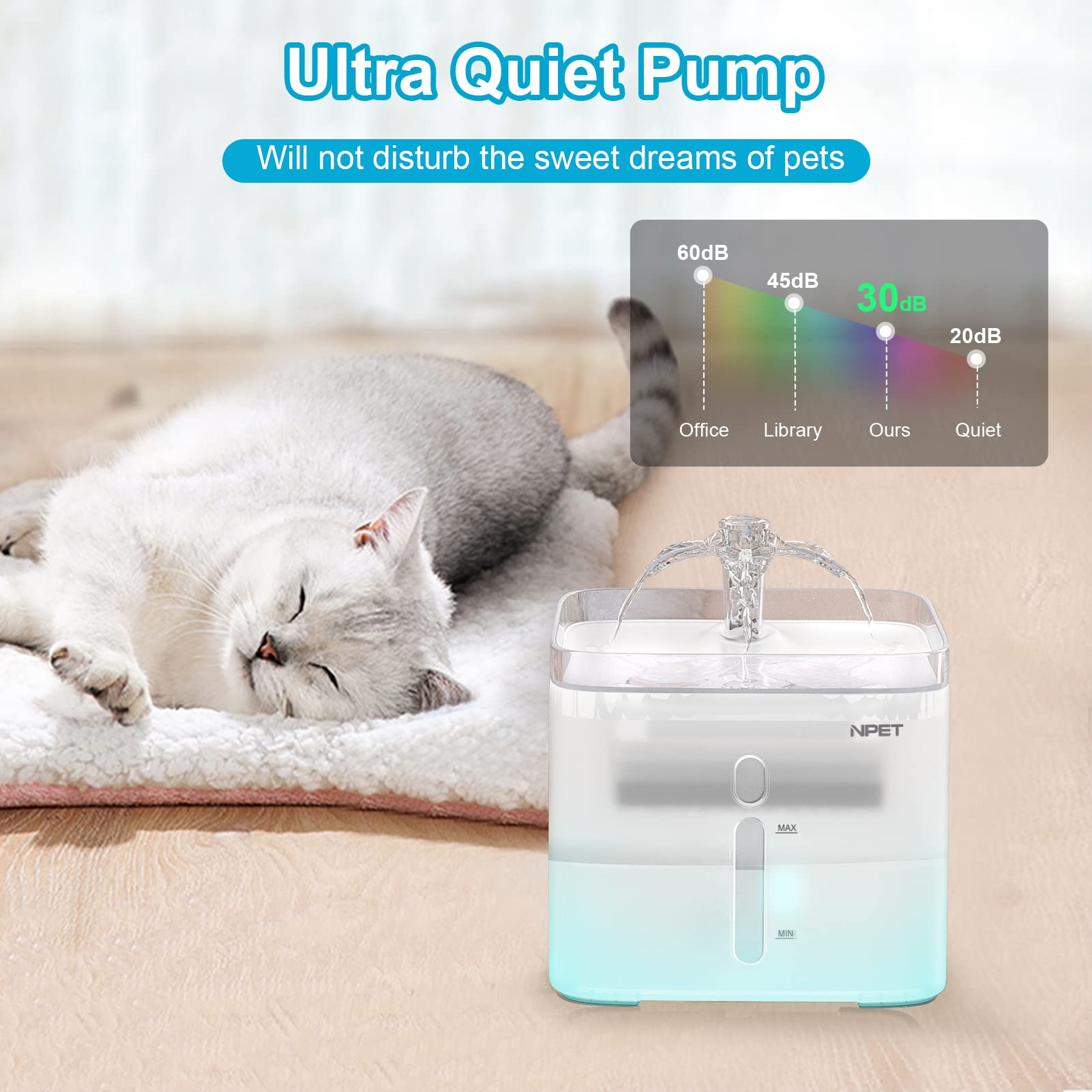 NPET cat water fountain triple-filter system cleans and improves taste.