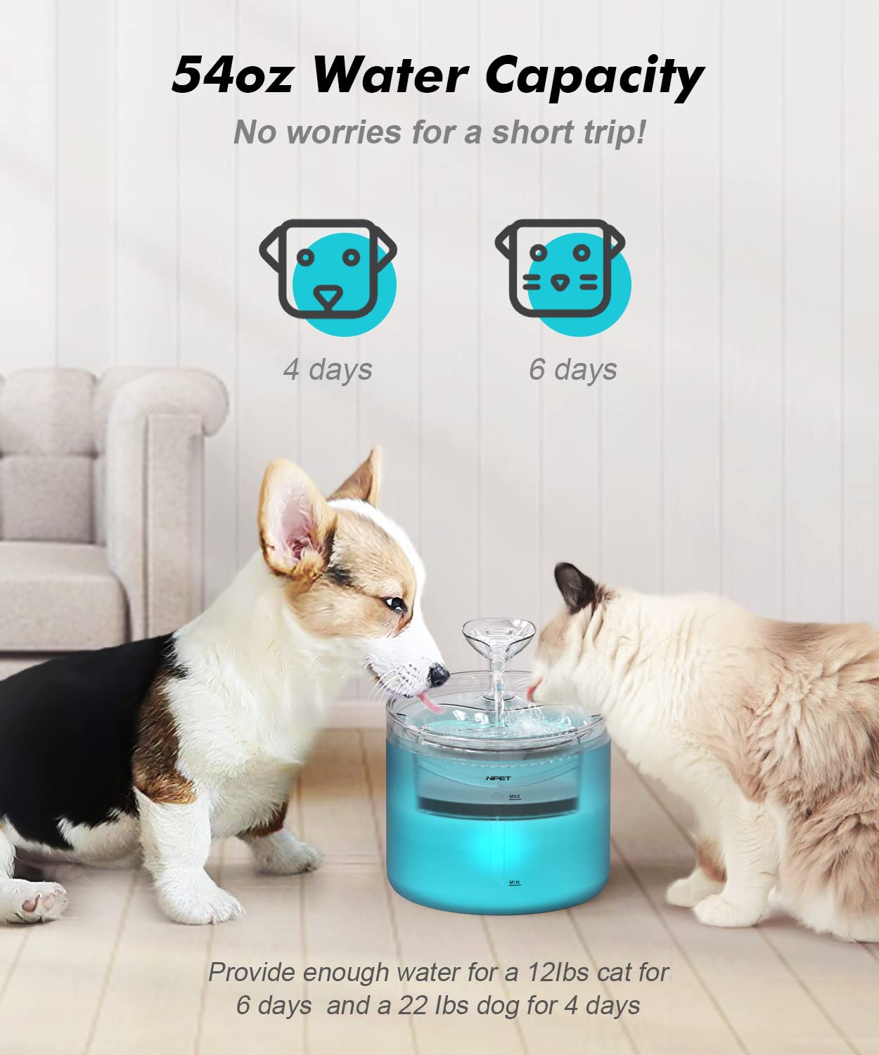 NPET WF100 54oz capacity supports longer intervals between refills