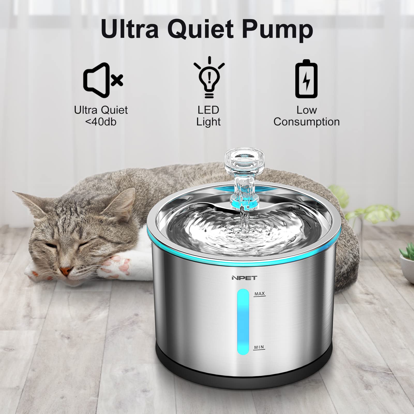 NPET WF210 ultra-quiet pump provides peaceful operation with gentle illumination.