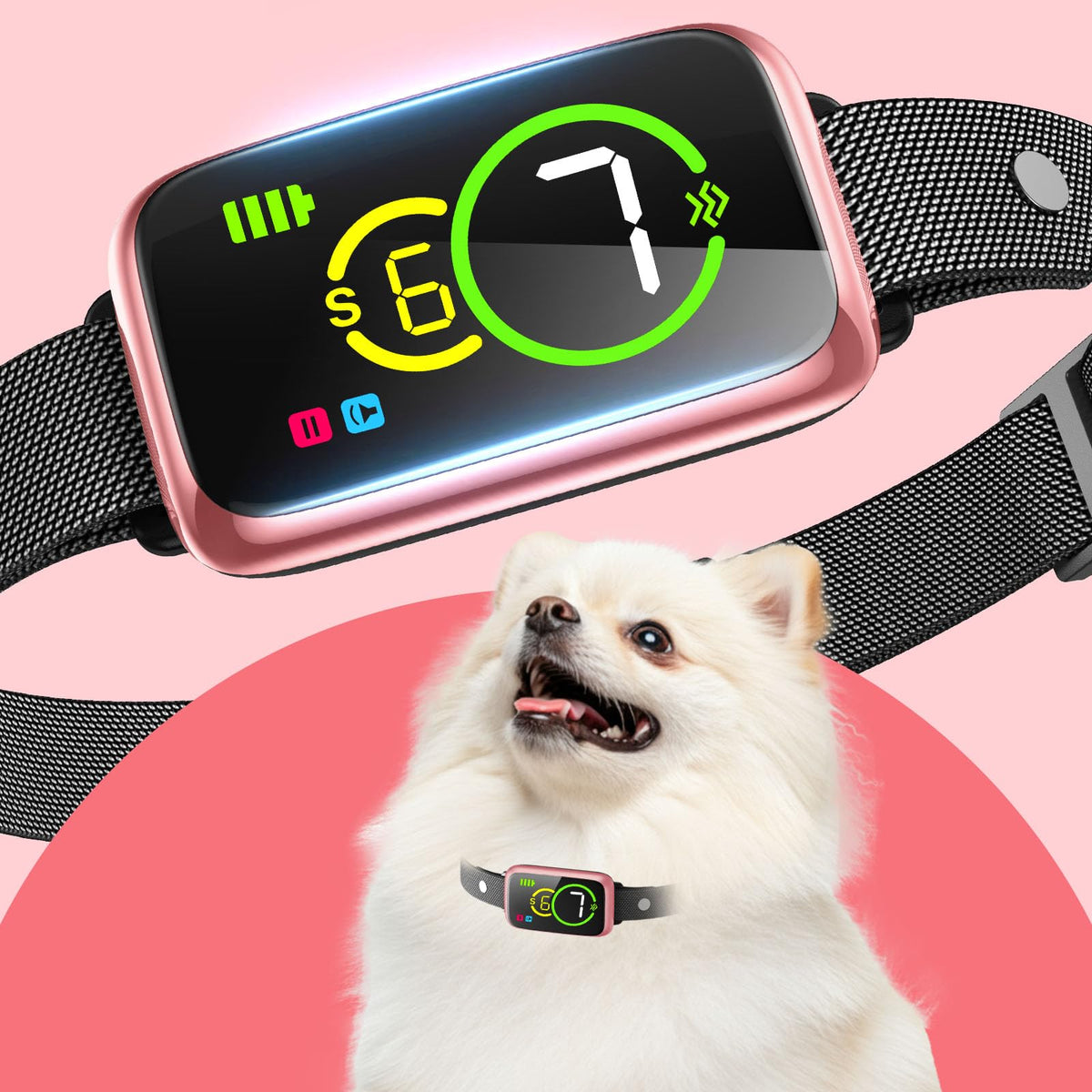 NQQHNN 1S Stop Bark Collar front view shows slim, humane design for gentle correction.