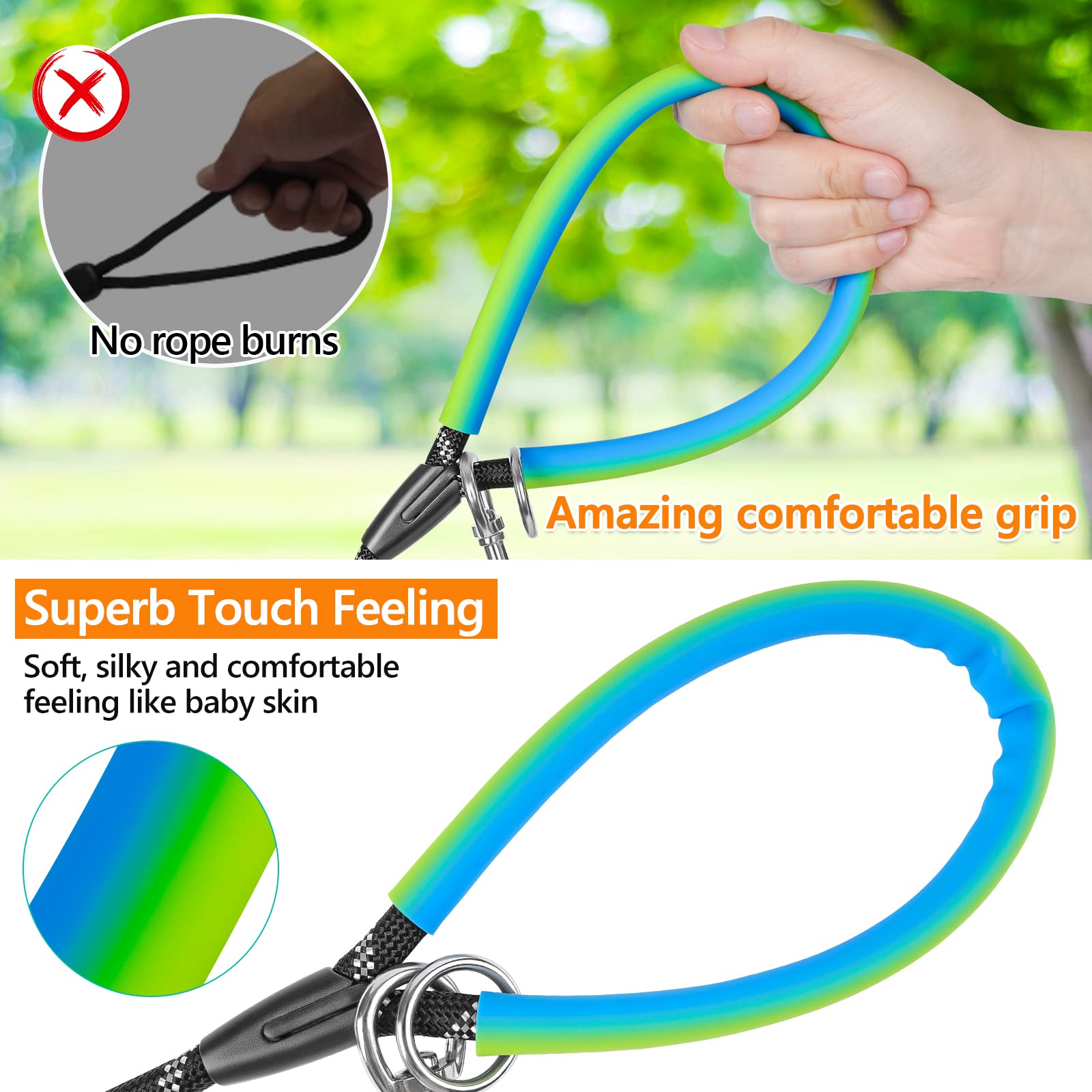 NTR long dog leash soft rubber handle delivers comfortable grip and reduces rope burn.