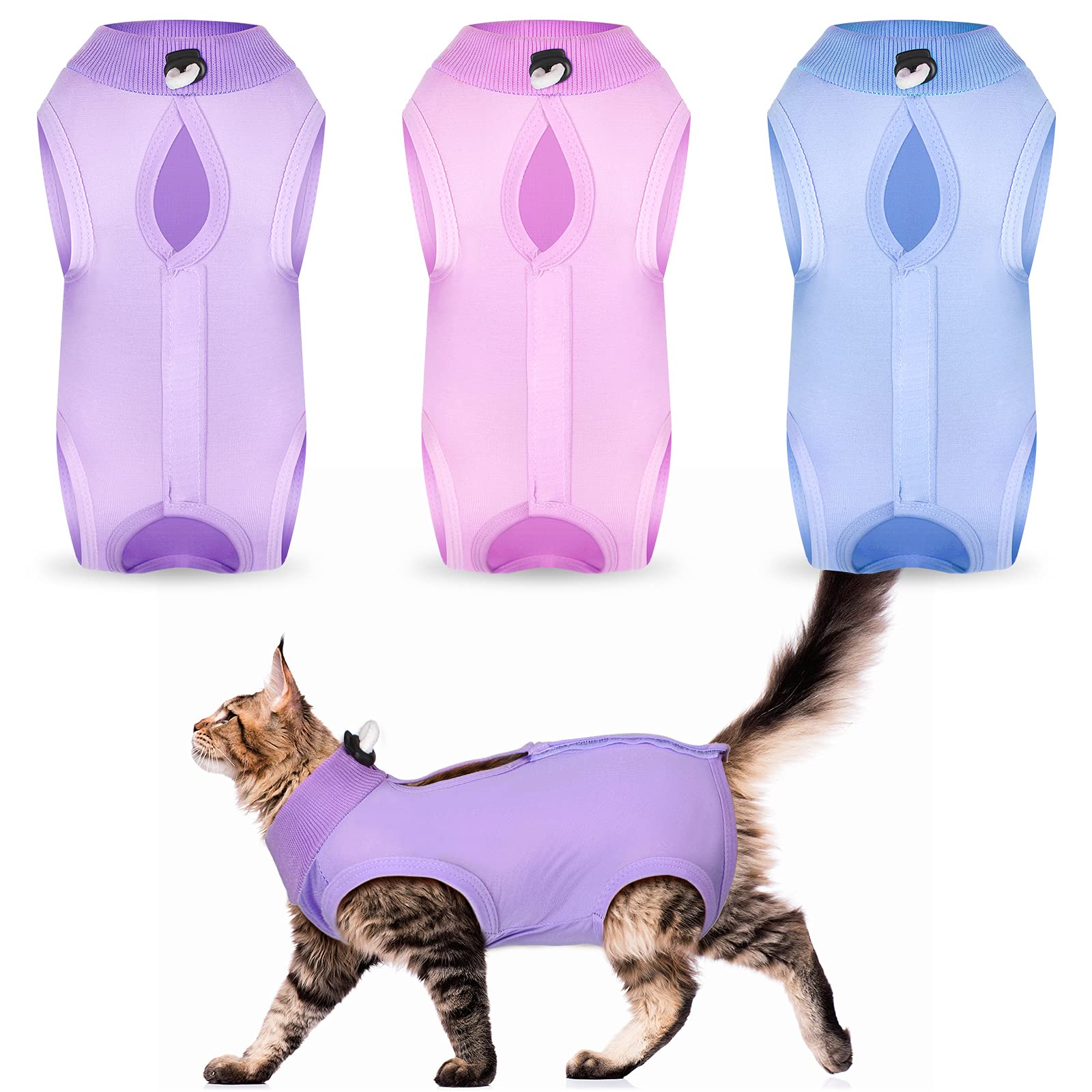 Nuanchu cat recovery suit package shows three color options for easy rotation.