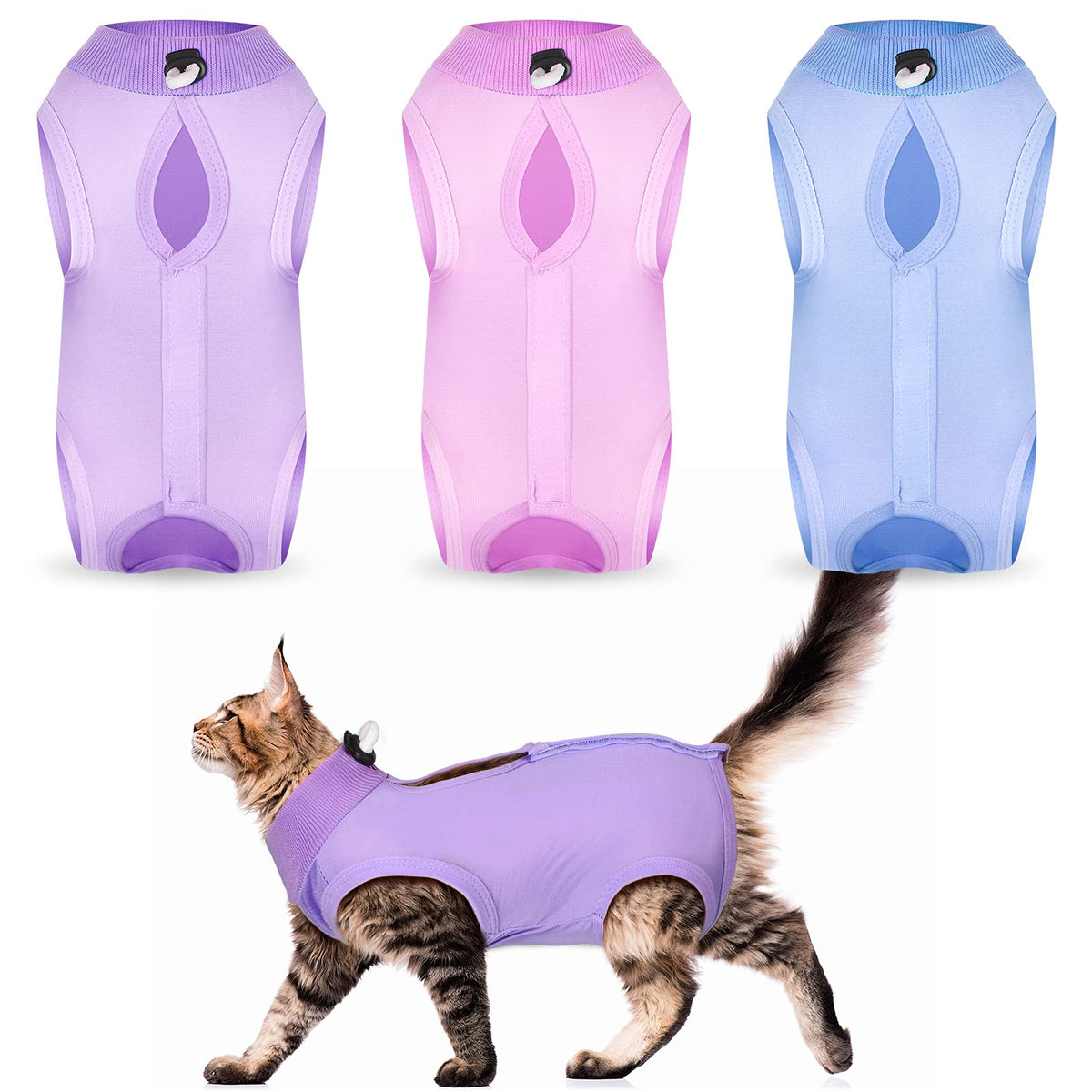 Nuanchu cat recovery suit package shows three color options for easy rotation.