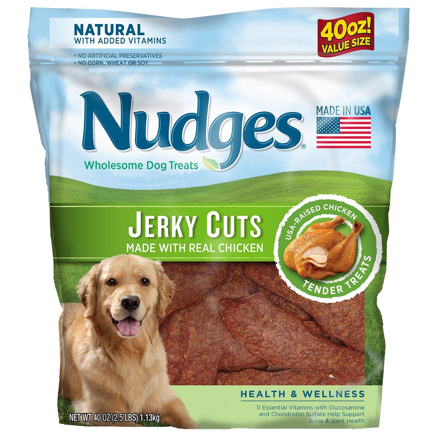 Nudges Health Wellness chicken jerky dog treats highlight real USA chicken for tasty bonding moments.