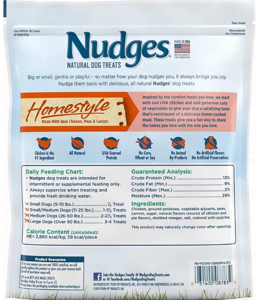 Nudges Homestyle Chicken Pot Pie dog treats in hand, supports all breeds during training and daily moments.