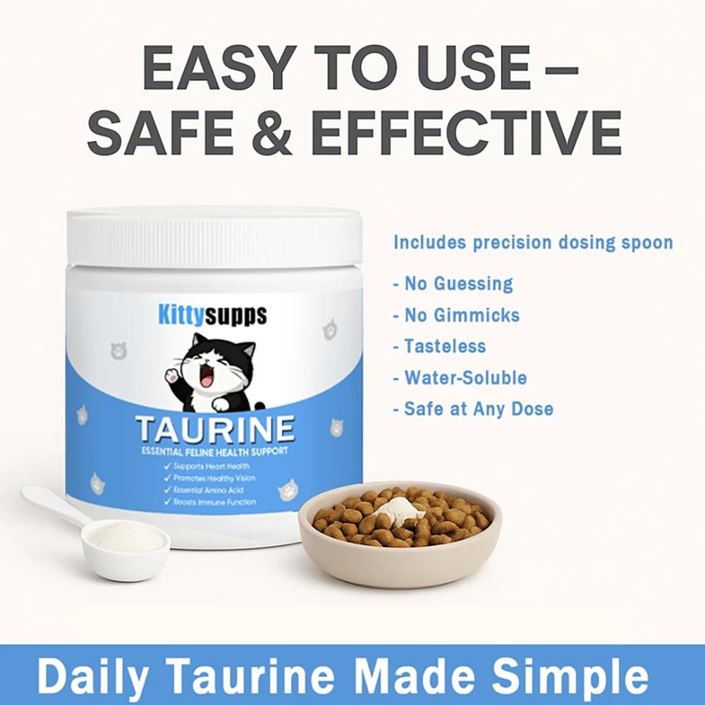 Nukupuns KittySupps Taurine Powder pour demonstrates simple daily supplementation.