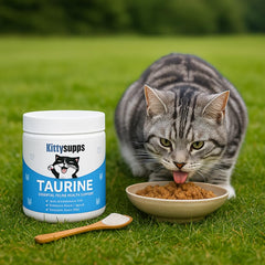 Nukupuns KittySupps Taurine Powder with wet-food mix offers versatile feeding options.