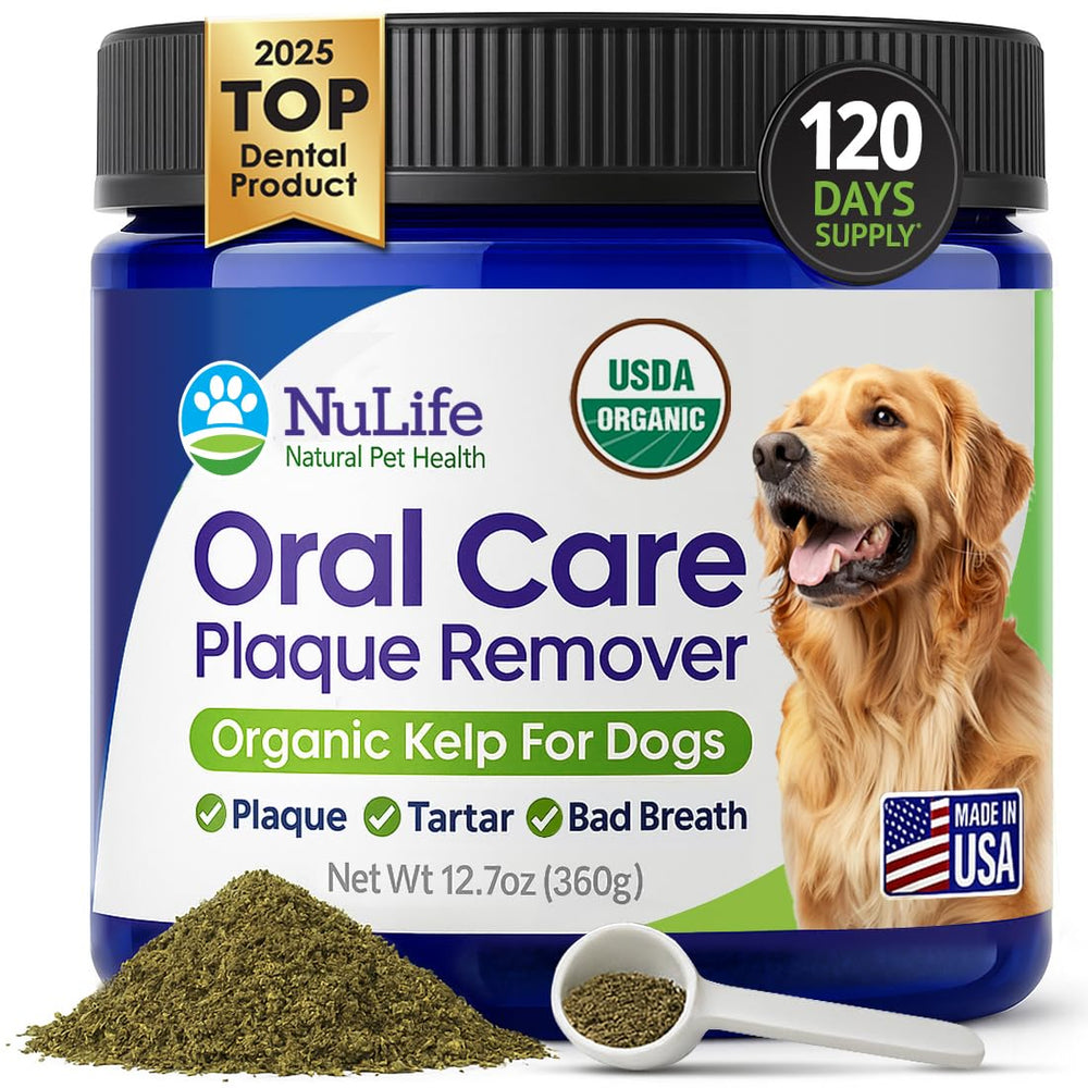 NuLife dog teeth cleaning powder jar front showing organic formula