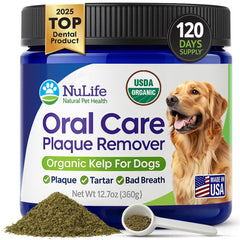 NuLife dog teeth cleaning powder jar front showing organic formula
