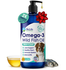NuLife Liquid Fish Oil for Dogs with Coat Shine pump illustrates easy, daily dosing for healthier fur