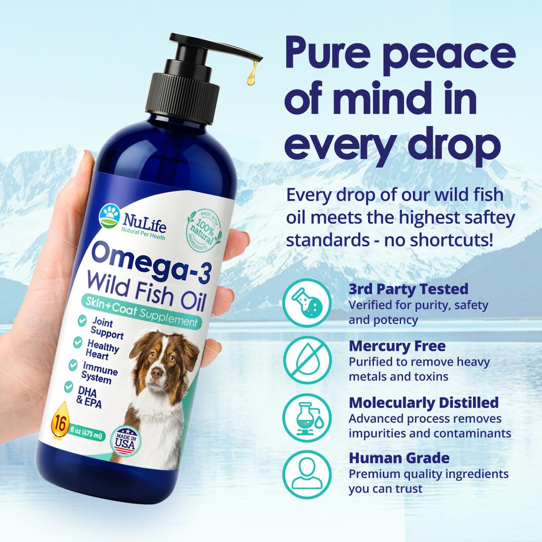 NuLife Liquid Fish Oil pump-serve demonstrates easy, mess-free feeding