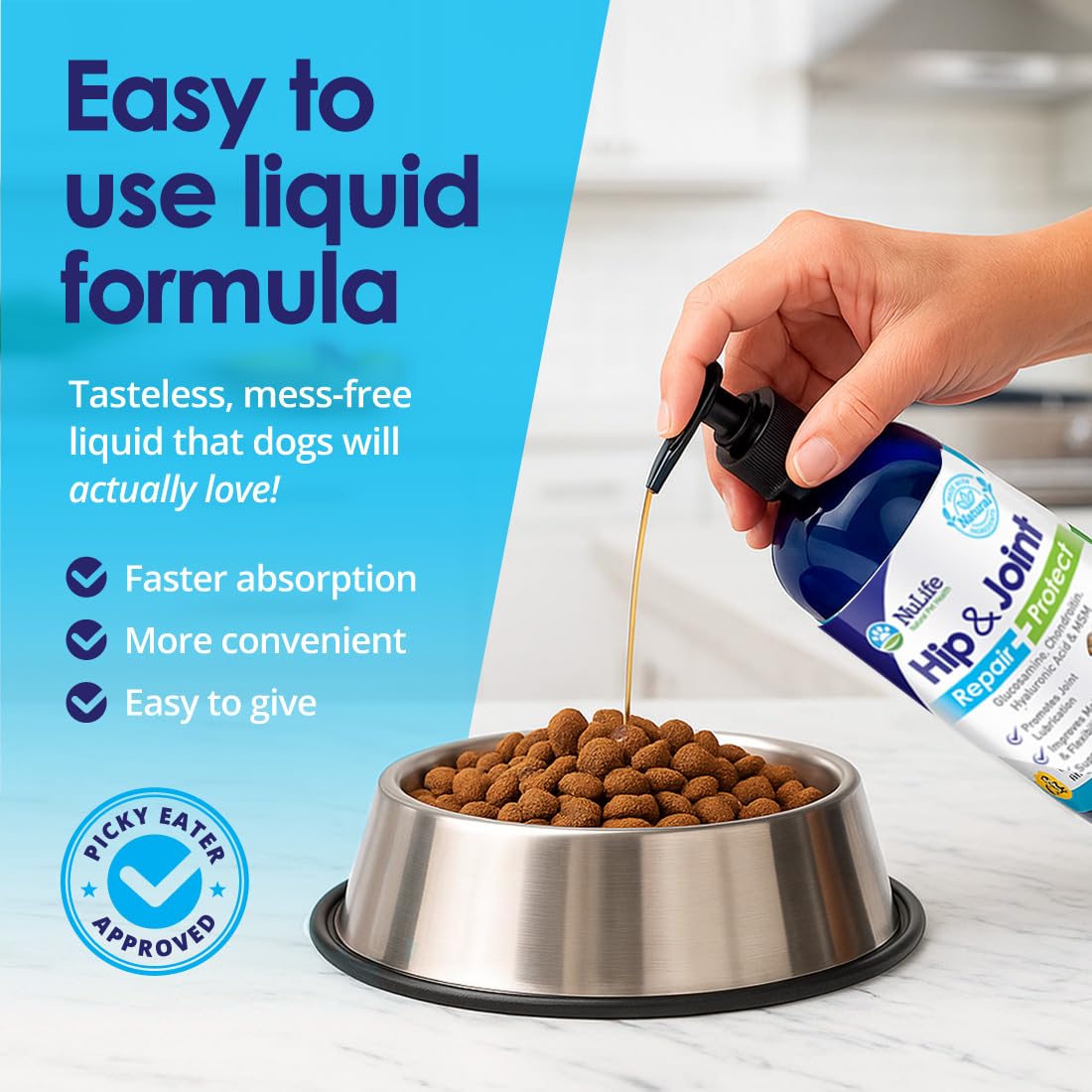 NuLife Liquid Glucosamine for Dogs bottle close-up on shelf for trust and visibility.