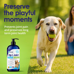 NuLife Liquid Glucosamine for Dogs dosing scene shows simple daily use.