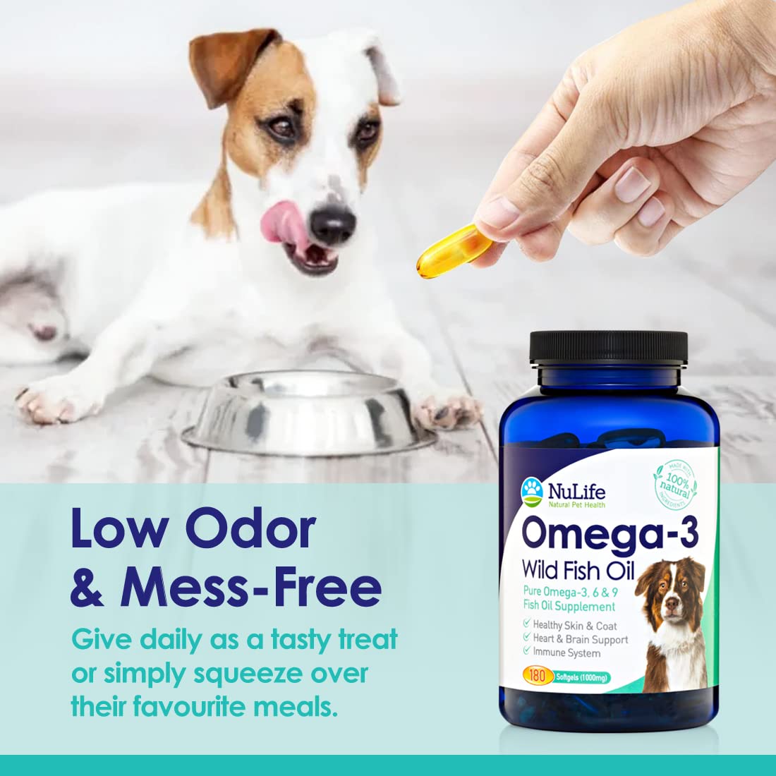 NuLife Softgel capsules being squeezed over dog food for easy mixing.