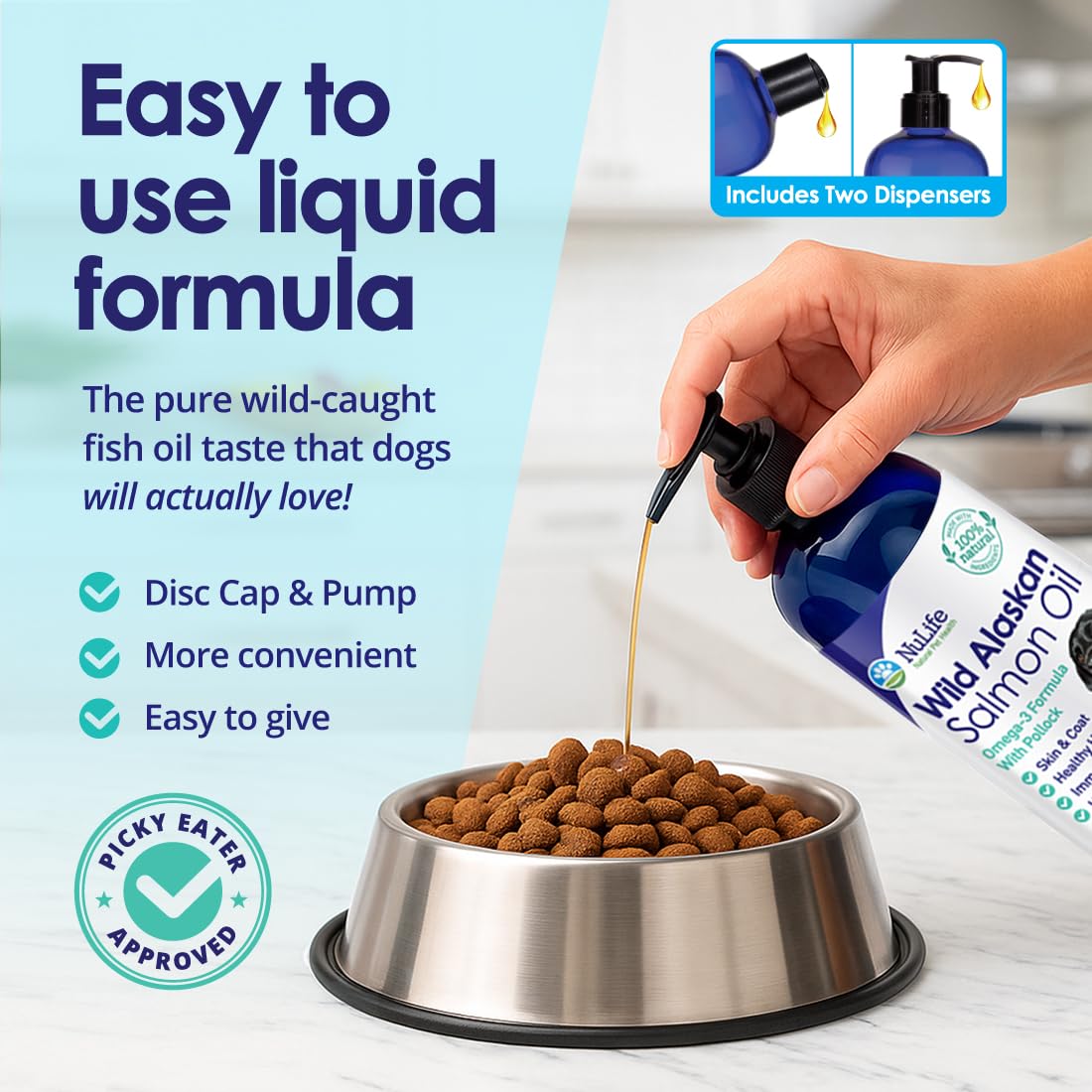 NuLife Natural Pet Health coat shine and softer skin from daily oil.