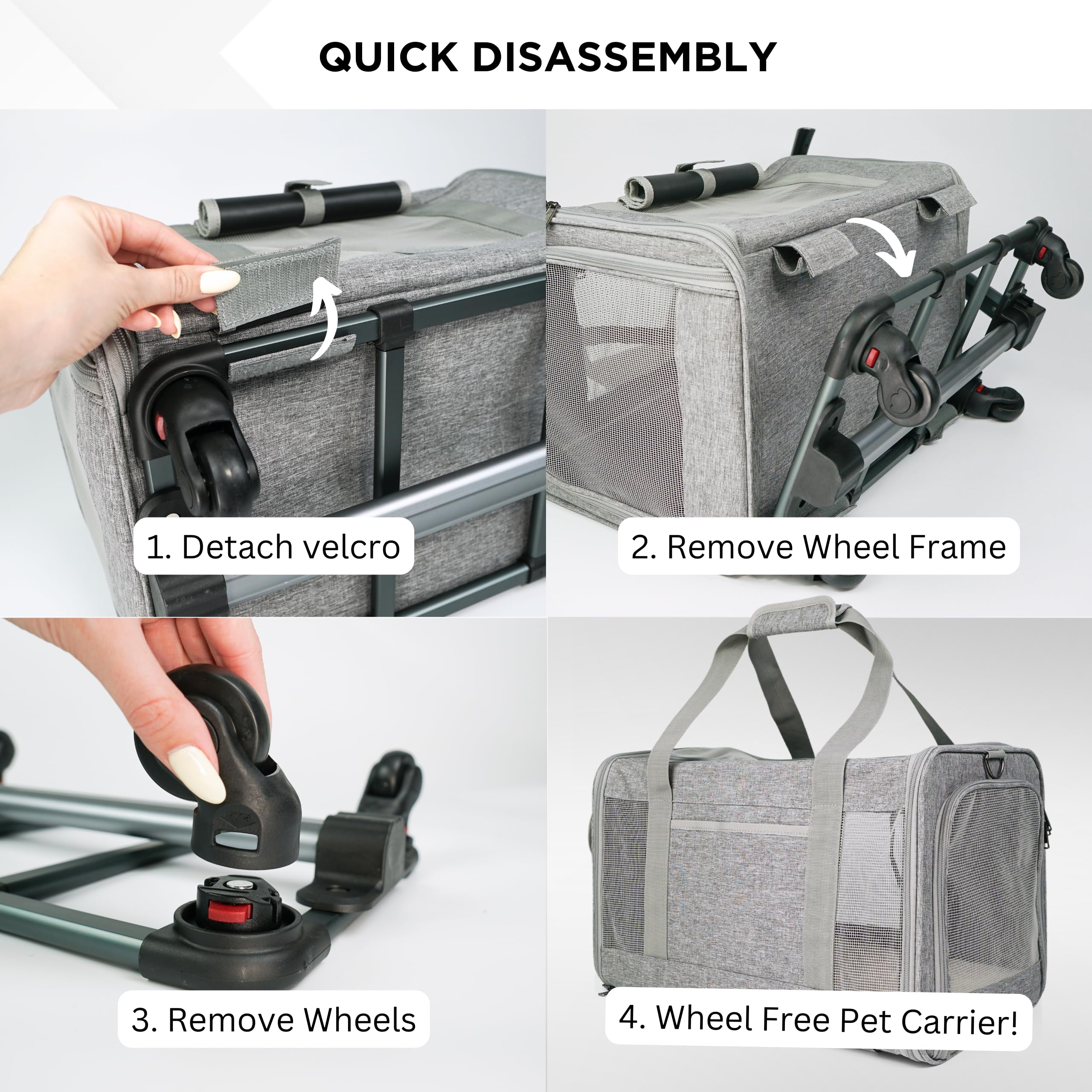 NULLA pet carrier with telescopic handle and shoulder strap for flexible carrying options.